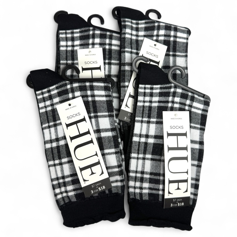 HUE Black White Plaid Femme Top Socks One Size Low Cut New 4 Pairs